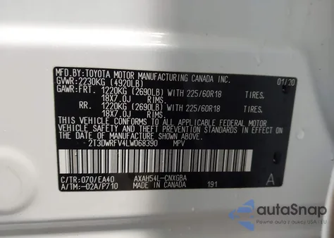 2020 Toyota Rav4 Hybrid Limited z USA, uszkodzony, nr VIN 2T3DWRFV4LW068390